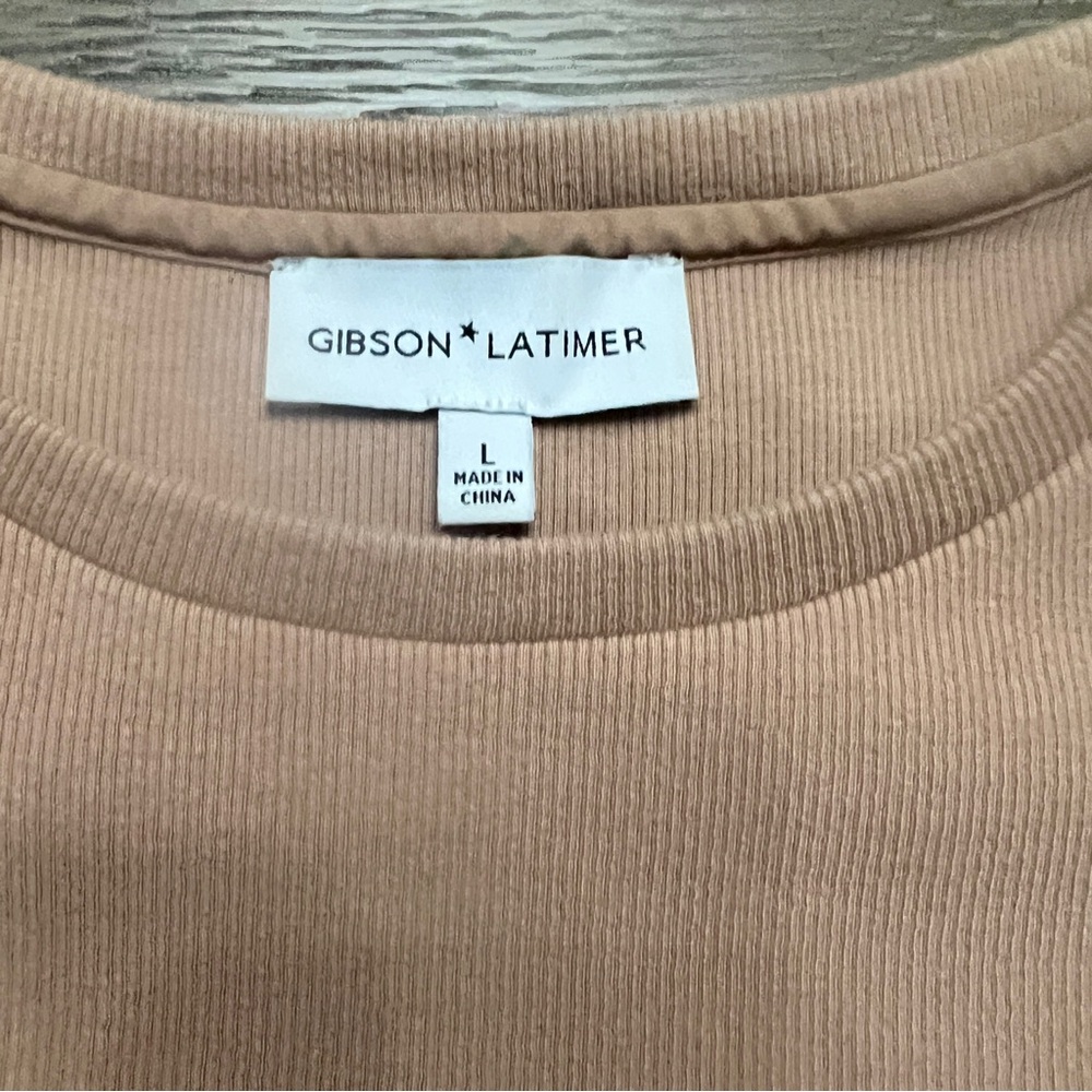 Gibson Latimer Beige Ruffle Sleeve Ribbed Crew Neck Tank Top size Large - Picture 5 of 7